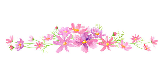 コスモスの花の装飾ラインフレーム。水彩イラスト
（透過背景）