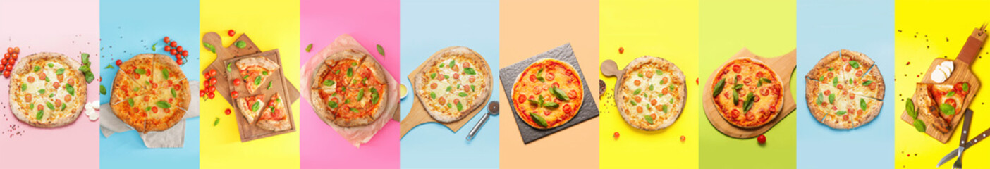 Set of tasty pizza Margarita on colorful background, top view