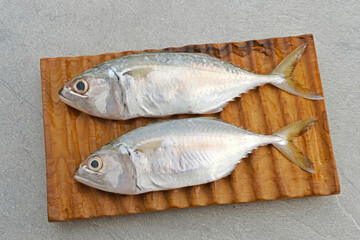 Ikan Kembung, Kembung Fish or Mackerel Fish on wooden chopping board.
