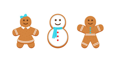 Christmas Gingerbread cookies. Cute ginger bread man, woman and snowman. Classic Xmas biscuit. Vector illustration. Noel holiday sweet desserts isolated on white background.