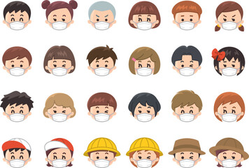 マスクを付けた子供たちの顔　顔アイコン