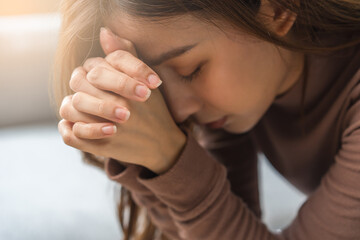 Believe faith charity, calm asian young woman show gratitude, folded hands in prayer feel grateful,...