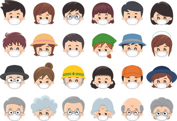マスクを付けた人々の顔　顔アイコン
