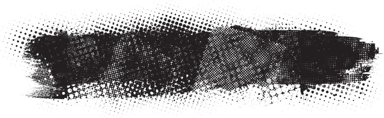 Glitch distorted brush stroke . Noise destroyed logo . Trendy defect error shapes . Glitched frame .Grunge textured . Distressed effect .Vector shapes with a halftone dots screen print texture.