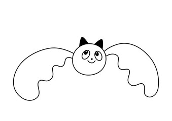 Vector illustration of flying smiling cute bat with open wings. Doodle style.Outline.Isolated on white background.
