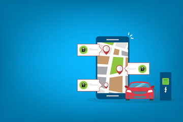 Owner of the electric car using smart phone to locate charging station in the city
