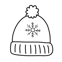 Hat warm winter clothes. warm hat with pompon winter doodles isolated on white background drawn by line. anti stress coloring. Doodle vector illustration