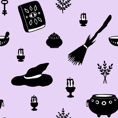 Vector magical witchcraft seamless pattern.Hand drawn mystic background with doodle witch house elements:broomstick,hat,spellbook,herb,candle.Doodle.