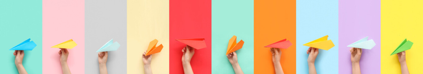 Many hands with paper planes on colorful background