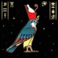 Animation drawing:  sacred Egyptian Falcon bird in crown. God Horus - deity of heaven and sun. View profile. Vector illustration isolated on a black background. Set of hieroglyphs.