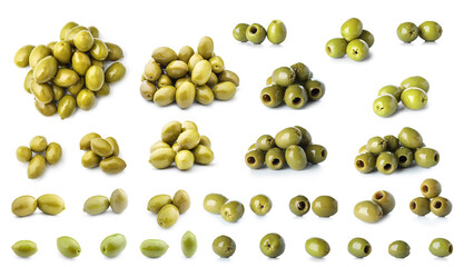 Set of green olives isolated on white