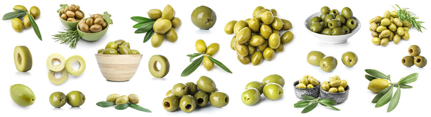 Set of green olives isolated on white