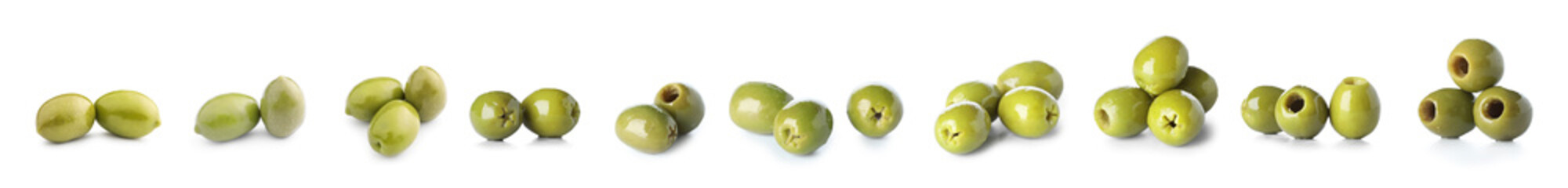 Set of green olives isolated on white