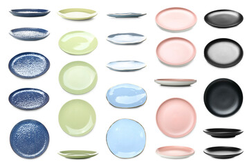 Set of different ceramic plates isolated on white