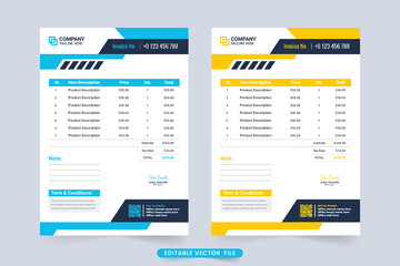 Invoice template and billing paper layout design for modern business. Payment agreement and cash receipt vector with yellow and blue color. Minimalist invoice template and product purchase receipt.