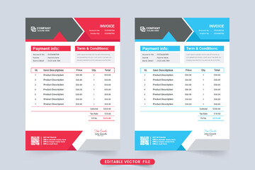 Creative minimal invoice and billing paper template vector. Payment receipt and digital business invoice design with red and blue colors. Product purchase cash receipt with price section.