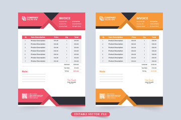 Minimal invoice template and price receipt vector with abstract shapes. Business vouchers and cash receipts vector with red and yellow colors. Payment Agreement and purchase info record paper vector.