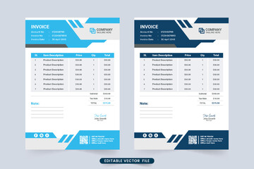 Professional business invoice template with blue color shades. modern corporate business cash receipt and voucher design. Payment agreement and invoice bill template design with abstract shapes.