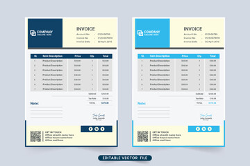 Simple business voucher and cash receipt with blue and off-white colors. Minimal invoice template design with creative abstract shapes. Product purchase info and cash receipt paper vector.