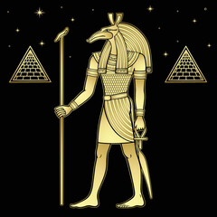 Animation portrait: Ancient Egyptian god Seth. God of rage, deserts, sandstorms, death, and strangers. View profile. Full growth.  Vector illustration isolated on a black background. Imitation of gold