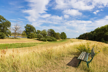 Landscape with bench overlooking the Elbe valley and the green belt former inner-German border between East and West Germany near Schnackenburg in Lower saxony Germany