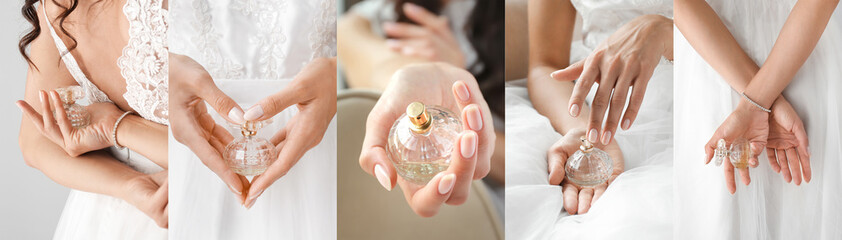 Collage with beautiful young bride with bottle of perfume, closeup