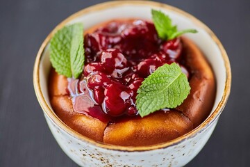 Tender soft dessert in a bun with berries, jam and mint.