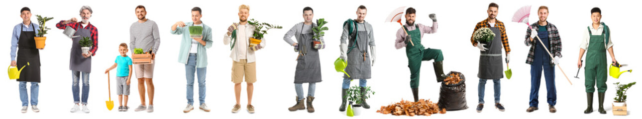 Collage of gardening men on white background