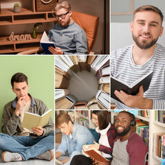 Collage of young men with books