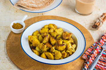 Cauliflower with potatoes and spices in a white plate on a light concrete background. Indian food. Vegan food.