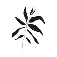 Silhouette of a branch with curved leaves. Hand-drawn branches with wavy leaves. Vector illustration isolated on a white