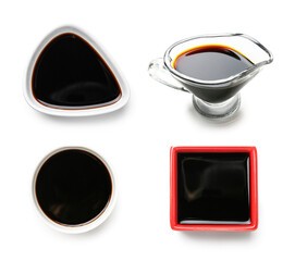 Set of bowls with soy sauce on white background