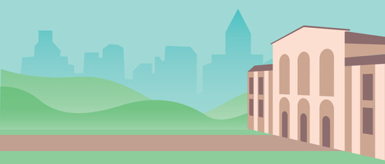 School, university or public place, flat vector stock illustration with outside building as template for design, no people