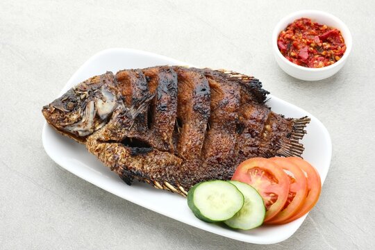 Gurame Bakar Madu, Grilled Gourami with honey and soy sauce. Served with sambal (chilli sauce), cucumber and tomatoes in white plate.