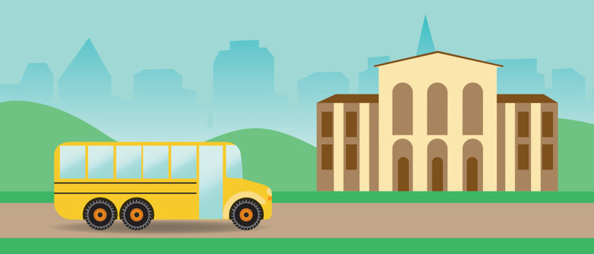 Yellow School Bus Near School Or Public Place, Flat Vector Stock Illustration With Outside Building, Template No People For Design