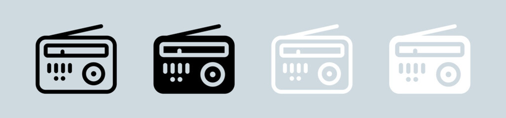 Radio icon set in black and white. Retro broadcast signs vector illustration.