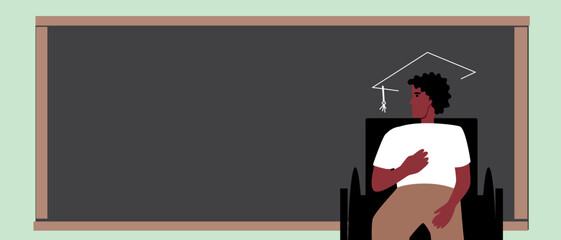 Disabled person in wheelchair as schoolboy or student with bonnet at blackboard, flat vector stock illustration as copy space template