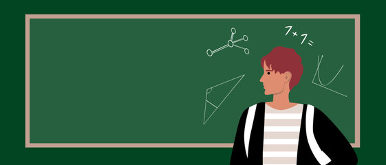 Student at blackboard, flat vector stock illustration as copy space template