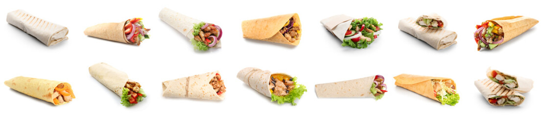 Set of tasty fresh doner kebab isolated on white - obrazy, fototapety, plakaty