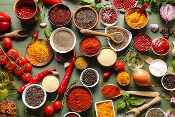 Assortment of fresh aromatic spices and vegetables on color wooden background