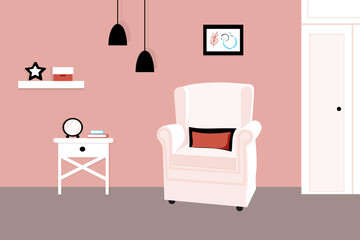 The modern interior of the room with an armchair in pink and powdery shades. The concept of a reading corner. Flat vector illustration, cartoon graphic design. Family living room.