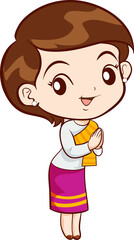 cute thai traditional woman sawasdee in cartoon character