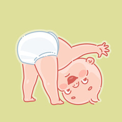 Little baby of 5-12 months stand on head. Cute little baby boy or girl in diaper upside down. Child play, laugh, wave hand. Simple cartoon style.  Color vector illustration. 