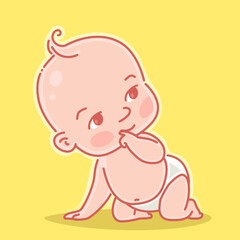 Cute little baby of 3-10 months. Happy child in diaper learn to crawl. Finger in mouth. Baby development in first year. Color vector illustration.