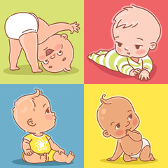 Cute little babies of 3-12 months. Happy smiling children lay, sit, play. Boy or girl, various poses. Children wear diapers, t-shirts, overalls. Color vector illustration set.