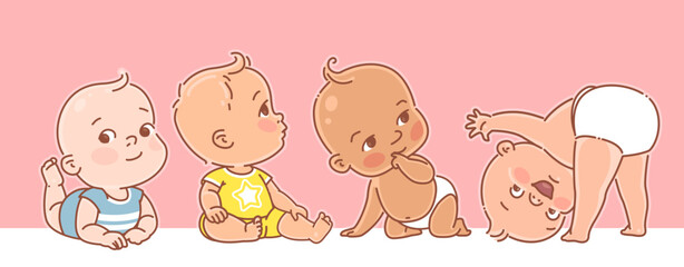 Cute little babies of 3-12 months. Happy smiling children lay, sit, play. Boy or girl, various poses. Children wear diapers, t-shirts, overalls. Color vector illustration set.