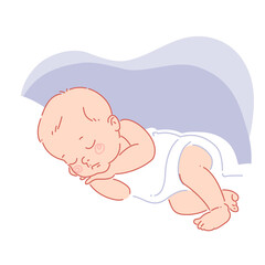 Cute little baby sleeping.  Baby girl or boy sleeps  peacefully at night in the bed. Simple line art style. Color vector illustration.