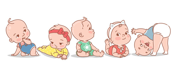 Cute little babies of 3-12 months. Happy smiling children lay, sit, play. Boy or girl, various poses. Children wear diapers, t-shirts, overalls. Color vector illustration set.