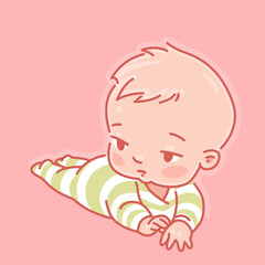 Little baby of 3-9 months wearing pajamas. Cute little baby boy or girl lying on stomach, head up. Simple cartoon style.  Color vector illustration. 