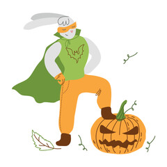 The superhero bunny defeated Jack the Pumpkin on a white background. Cute funny pets. Vector illustration in a hand-drawn style for a postcard, calendar, banner